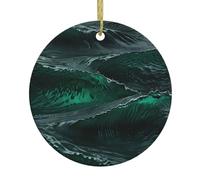 Decorazione da appendere al caminetto dell'albero di Natale, ciondolo rotondo in ceramica con stampa a onde verdi d'acqua, squisito ornamento per feste.