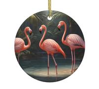 Decorazione da appendere al caminetto dell'albero di Natale, ciondolo rotondo in ceramica con tre fenicotteri, squisito ornamento per feste.