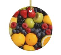 Decorazione da appendere al caminetto dell'albero di Natale, piatto di frutta fresca con gocce d'acqua stampa ciondolo rotondo in ceramica, squisito ornamento per feste di festa.