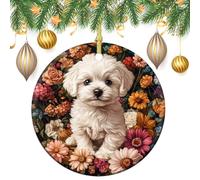 Decorazione da appendere all'albero di Natale a forma di cucciolo di cane bianco con fiore colorato, 2 pezzi, 7,2 cm, rotondo, double-face