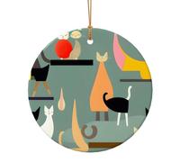 Decorazione da appendere all'albero di Natale circolare con gatti di arte moderna della metà del secolo in ceramica per la casa