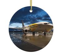 Decorazione da appendere all'albero di Natale in ceramica con stampa di aeroplano nella luce della sera - Decorazione rotonda per feste di Natale con corda dorata