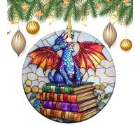 Decorazione da appendere all'albero di Natale, in vetro colorato, a forma di drago sui libri, 2 pezzi, 7,2 cm, rotonda, double-face