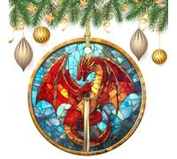 Decorazione da appendere all'albero di Natale in vetro colorato, con drago rosso che tiene una spada, 2 pezzi, 7,2 cm, rotondo, double-face