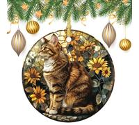 Decorazione da appendere all'albero di Natale, in vetro colorato, marrone, gatto, giallo, fiore, 2 pezzi, 7,2 cm, rotondo, double-face