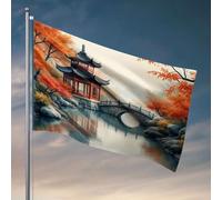 Decorazione da bar per cortile, una scena autunnale serena con un tradizionale padiglione cinese, bandiera del ponte di pietra, divertente decorazione per la stanza o la palestra (152 x 244 cm)