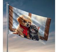 Decorazione da bar per la casa con finestra innevata: un cucciolo e un gattino bandiera dell'amicizia invernale per adolescenti roba da bagno (60 x 90 cm)