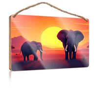 Decorazione da cucina in legno con elefanti al tramonto nella natura selvaggia, cartello in legno, decorazione vintage da parete (15 x 28 cm)