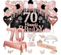 Decorazione da donna per 70° compleanno, 49 pezzi, colore nero, oro rosa, nero, tovaglia, decorazione farfalla, 70° compleanno, sash e tiara, decorazione per torte, candele, palloncini