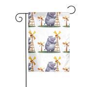 Decorazione da giardino bandiera da giardino 30,5 x 45,7 cm WHJSSF ippopotamo che gioca con mulino a vento Modello spesso e resistente all'usura per vasi da fiori da giardino e prati