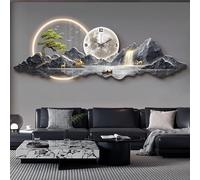 Decorazione da parete 3D con orologio e luce LED,murale illuminato a spina con paesaggio montano,albero e luna finti,realizzato in acrilico e porcellana cristallina(C,35*100CM/13.8*39.7IN)