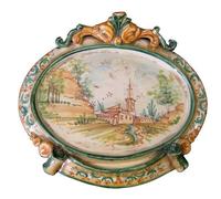 Decorazione da Parete Ceramica Siciliana Ovale Dipinto a Mano Paesaggio Castello