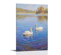 Decorazione da parete con cigni in coppia, che nuotano attraverso il lago, contemporanea, decorazione murale, 30 x 45 cm