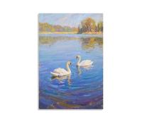 Decorazione da parete con cigni in coppia, che nuotano attraverso il lago, contemporanea, decorazione murale, 40 x 60 cm