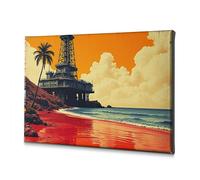 Decorazione da parete con piattaforma petrolifera su una spiaggia tropicale con palme. Tela decorativa per il bagno, piatti decorativi (20 x 30 cm)