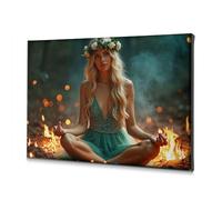 Decorazione da parete con una donna in abito verde che medita accanto a un falò. Tela decorativa per il bagno, piatti decorativi (40 x 60 cm)