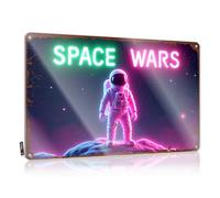 Decorazione da parete, divertente e piacevole, decorazione da parete, in metallo rustico, per grotta dell'uomo, regalo per le vacanze, astronauta al neon, avventura di guerre spaziali (30 x 40 cm)