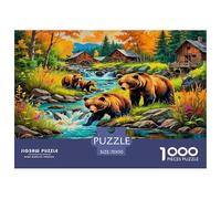Decorazione da parete e regali con orso bruno, puzzle da 1000 pezzi, ruscello rustico con famiglia di orsi, carta riciclata autunnale, gioco per famiglie divertente e stimolante, 70x50 cm/1000 pezzi