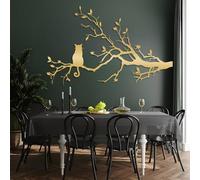 Decorazione da Parete in Metallo, Moderna e Minimalista - Gatto su Un Ramo, Design da Giardino e Uccelli, sopra Il Letto, Regalo per Amanti Esterni (Oro 85x135 cm)