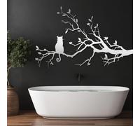 Decorazione da Parete in Metallo Moderna e Minimalista - Gatto su Un Ramo, Giardino e Tema Uccelli, sopra Il Letto, Esterno, Argento, 33"x53"