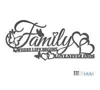 Decorazione da Parete in Metallo Nero, "Family Where Life Begins Love Never Ends Word Sign Wall Decor in metallo nero,Ate della Parete per la Camera da Letto del Soggiorno (A)