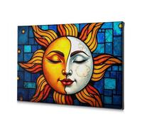 Decorazione da parete in stile costiero, opera d'arte in vetro colorato con un sole con una faccia, immagine decorativa su tela, decorazione per bagno (30 x 40 cm)