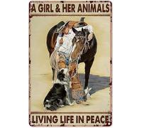 Decorazione da parete in stile western vintage, immagini in latta con cowgirl, cavallo e cane, ragazza e i suoi animali che vivono la vita in pace, poster verticale da parete per ragazzi, cartello in