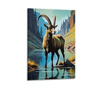 Decorazione da parete moderna su tela per la casa, poster estetico con animali, poster con capra, fiume canyon, decorazione maestosa atmosfera creatore, pittura, 60 x 90 cm, con cornice