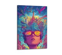 Decorazione da parete moderna su tela, poster estetico con occhiali colorati e castello fantasy, carino e curativo, aggiunge divertimento infantile alla camera dei bambini, arte 50 x 75 cm, cornice