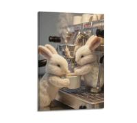 Decorazione da parete moderna su tela, poster estetico per la casa, poster con animali, coniglietti, macchina da caffè, decorazione carina con immagine di creatore, 20 x 30 cm, con cornice