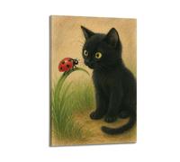 Decorazione da parete moderna su tela, poster estetico per la casa, poster con gatto nero e coccinella, carino e curativo, aggiunge divertimento infantile alla cameretta dei bambini, arte 50 x 75 cm