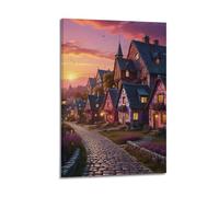 Decorazione da parete moderna su tela, poster estetico per la casa, poster con paesaggio fatato, villaggio racconto, tramonto, atmosfera da sogno, pittura creatore 50 x 75 cm, con cornice