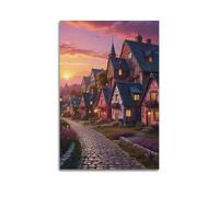 Decorazione da parete moderna su tela, poster estetico per la casa, poster con paesaggio fatato, villaggio racconto, tramonto decorativo, atmosfera da sogno, pittura creatore 60 x 90 cm, senza cornice