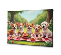 Decorazione da parete per bagno, motivo: cinque cuccioli che si godono un picnic nel parco. Tela decorativa da parete per soggiorno e bagno (40 x 60 cm)