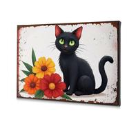 Decorazione da parete per bagno, motivo: gatto nero con occhi verdi accanto a vivaci fiori arancioni e rossi, su tela, decorazione pasquale cristiana decorativa decorativa Para Cuartos (30 x 40 cm)