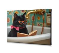 Decorazione da parete per bagno, motivo: gatto nero con occhiali da sole che legge un libro in una vasca da bagno, immagine decorativa su tela, decorazione pasquale cristiana (30 x 40 cm)
