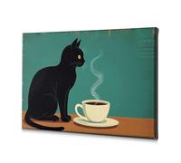 Decorazione da parete per bagno, motivo: gatto nero seduto accanto a una tazza di caffè fumante, su tela, decorazione da parete per soggiorno (40 x 60 cm)