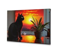 Decorazione da parete per bagno, motivo: gatto nero seduto su un tavolo accanto a una pianta in vaso, su tela, decorazione da parete per soggiorno (30 x 40 cm)
