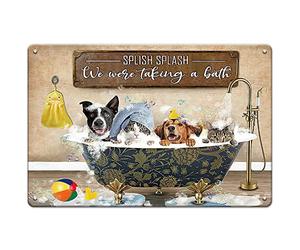 Decorazione da parete per bagno, targa in metallo, simpatico gatto e cane nella vasca da bagno, divertenti targhe per bagno, 8 x 12 pollici, targhe per bagno retrò, divertenti animali domestici, anima