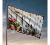 Decorazione da parete per dormitorio per ragazzi universitari attrezzi da giardinaggio e piante in vaso contro una parete di legno. Bandiera roba da bagno accessori per casa e bar (30 x 45 cm)