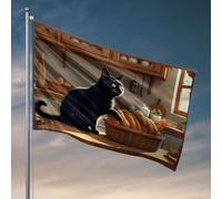 Decorazione da parete per dormitorio per ragazzi universitari, un gatto nero seduto accanto a un cesto di pane in una cucina accogliente. Bandiera roba da bagno accessori per casa e bar (60 x 90 cm)