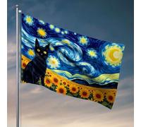 Decorazione da parete per dormitorio per ragazzi universitari, un gatto nero sta in piedi tra vivaci girasoli sotto un vorticoso cielo stellato. Bandiera roba da bagno accessori per casa e bar (30 x