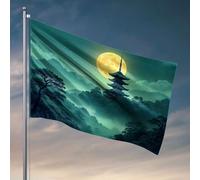 Decorazione da parete per dormitorio per ragazzi universitari, una pagoda serena sotto una luna piena in una foresta nebbiosa. Bandiera roba da bagno accessori per casa e bar (60 x 90 cm)