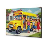 Decorazione da parete per la casa dei bambini che si imbarcano su uno scuolabus in una giornata di sole, decorazione da parete su tela, immagine decorativa da parete per bagno (40 x 6