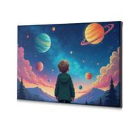 Decorazione da parete per la casa, motivo: bambino che guarda i pianeti colorati nel cielo, su tela, decorazione da parete per il bagno (30 x 40 cm)
