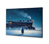 Decorazione da parete per la casa, motivo: un bambino è stupito davanti a una maestosa locomotiva a vapore sotto un cielo stellato. Tela decorativa rustica, decorazione per la casa e il bagno (20 x 30