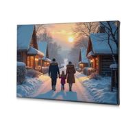 Decorazione da parete per la casa, motivo: una famiglia cammina lungo un sentiero innevato mentre il sole si tramonta. Tela decorativa rustica, decorazione per la casa e il bagno (20 x 30 cm)