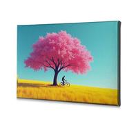 Decorazione da parete per la casa, motivo: una persona cavalca una bicicletta sotto un albero in fiore rosa in un campo dorato. Tela decorativa da parete per bagno, decorazione religiosa pasquale (30