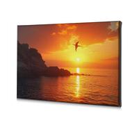 Decorazione da parete per la casa, tramonto sulla costa rocciosa con gabbiano che vola, immagine decorativa su tela, decorazione rustica per la casa e il bagno (40 x 60 cm)