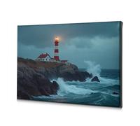 Decorazione da parete per la casa, un faro in piedi in mezzo a mari tempestosi. Tela decorativa rustica per la casa o il bagno (30 x 40 cm)